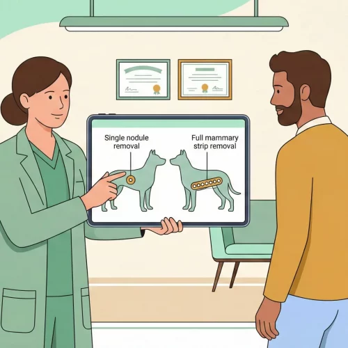 Veterinario chirurgo che spiega le tecniche di mastectomia radicale a un proprietario usando un modello anatomico.