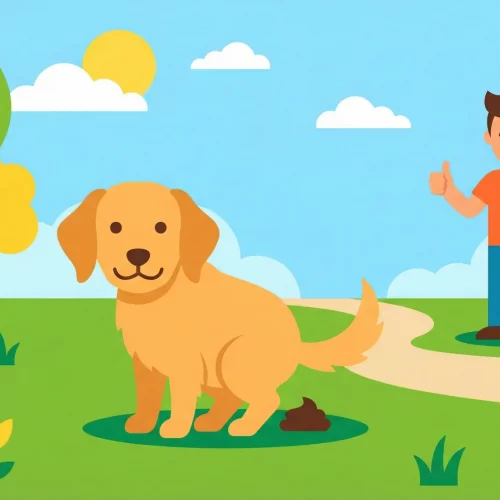 Illustrazione vettoriale flat design di un cucciolo che fa la pipì sull'erba mentre il proprietario esulta felice.