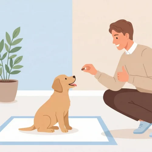 Illustrazione vettoriale flat design di un cucciolo che fa i bisogni su una traversina in casa mentre il proprietario lo loda.