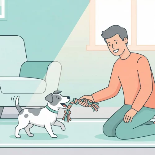 Illustrazione vettoriale flat design di un proprietario che reindirizza il morso di un cucciolo su un giocattolo colorato.