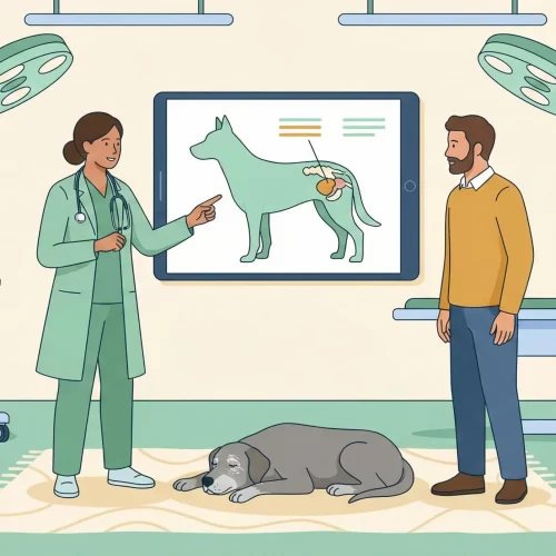 Veterinario che spiega la diagnosi prostatica a un proprietario usando un tablet in una clinica moderna.