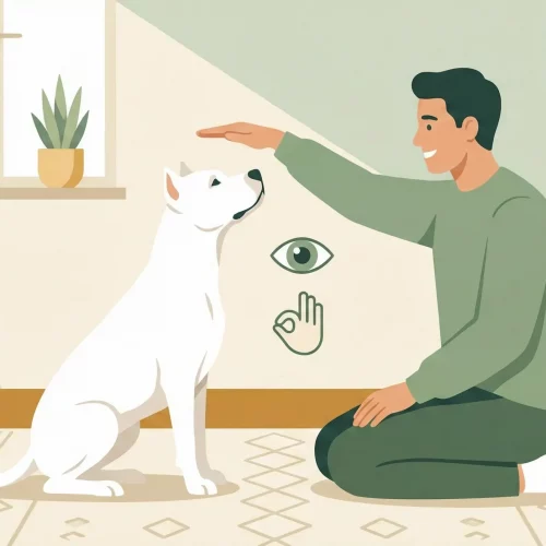 Proprietario che usa un segnale manuale per insegnare il comando seduto a un cane sordo