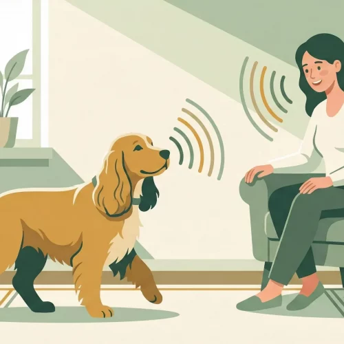 Cane non vedente cammina con sicurezza in casa seguendo la voce della sua proprietaria