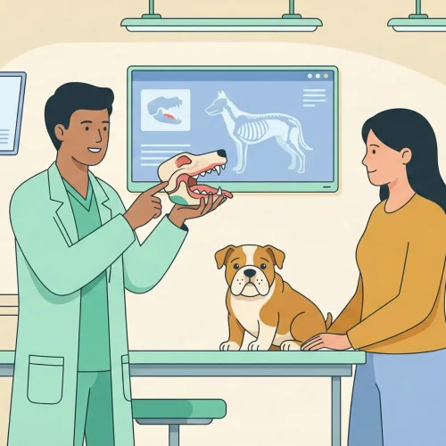 Veterinario che spiega a un proprietario i dettagli tecnici della chirurgia per il labbro leporino del cucciolo