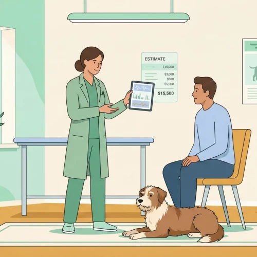 Veterinario che illustra un piano di cura e i relativi costi per un tumore alla vescica a un proprietario in clinica
