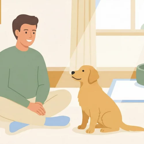 Proprietario che educa un cucciolo di cane in casa usando rinforzo positivo e premi alimentari