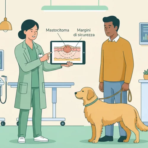 Veterinario che spiega la tecnica dei margini chirurgici per un mastocitoma a un proprietario.