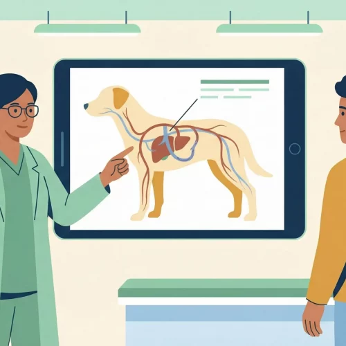Illustrazione di un veterinario che spiega la circolazione epatica a un proprietario in una clinica moderna.