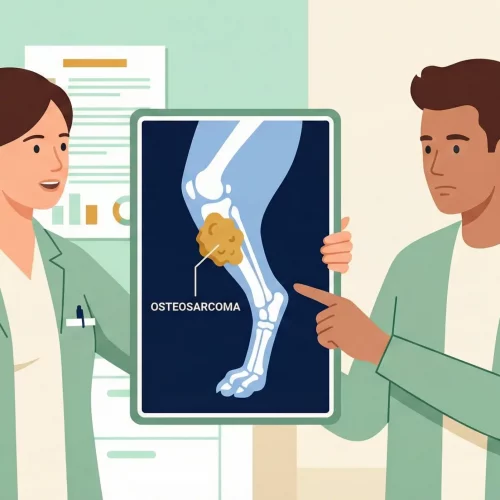 Veterinario che spiega la diagnosi di osteosarcoma e l'intervento di amputazione a un proprietario in uno studio moderno.