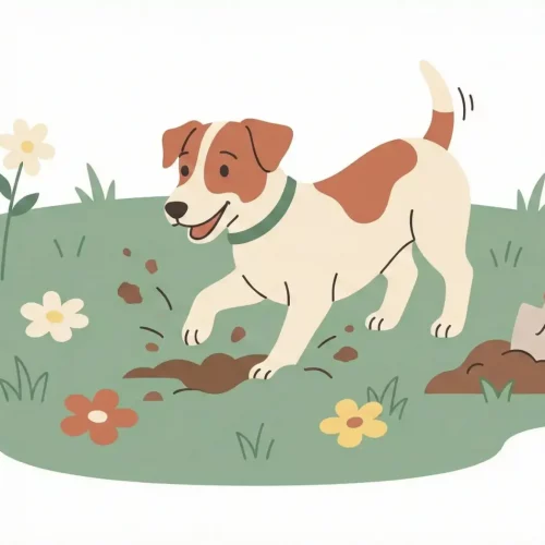 Illustrazione moderna in stile piatto di un cane felice che scava in un giardino stilizzato con colori pastello.