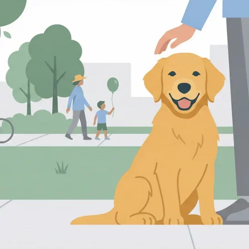 Cucciolo di cane osserva con curiosità e calma un ciclista e dei passanti in un parco cittadino